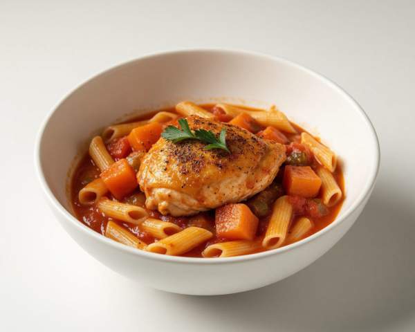 Куриное бедро в мясном соусе с макаронами