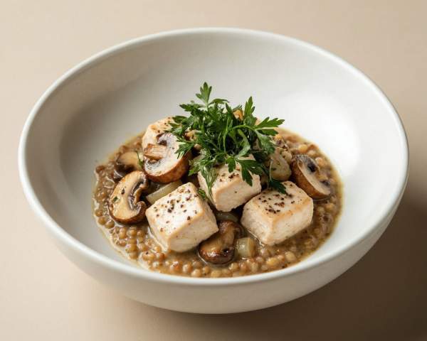 Курица в соусе с гречкой и пряным маслом